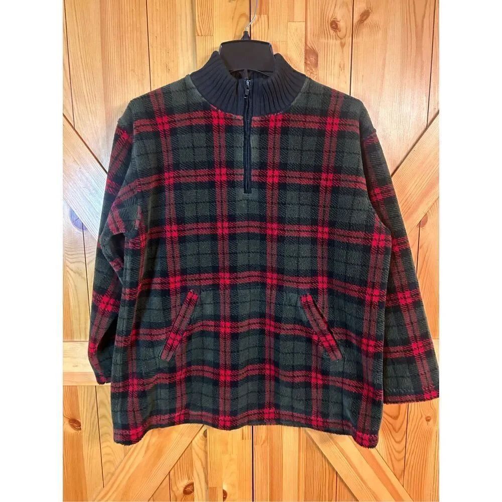 JONES NEW YORK SPORT PETITE SZ M Red Black Green Plaid Fleece Zip Pullover Sweat